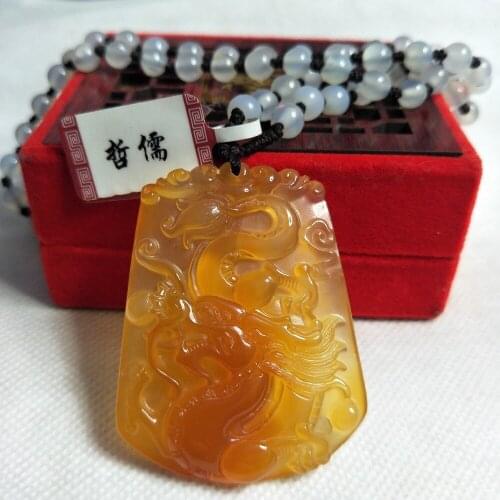 Zheru Jewelry Pure natural red and yellow agate carved dragon pendant White chalcedony bead necklace Gift certificate Male gift