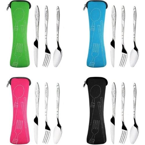 3pcs Stainless Steel Cutlery Set Steak Knife Fork Spoon with Cloth Bag