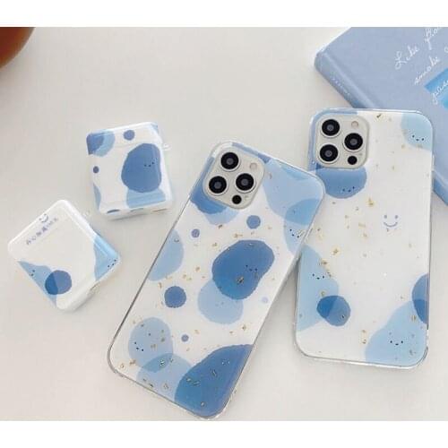 Epoxy Glitter Sequins Blue Smile Soft TPU Phone Case for iPhone 12 Mini 11 Pro Max Wireless Earphone Cover for Airpods 1 2 Pro
