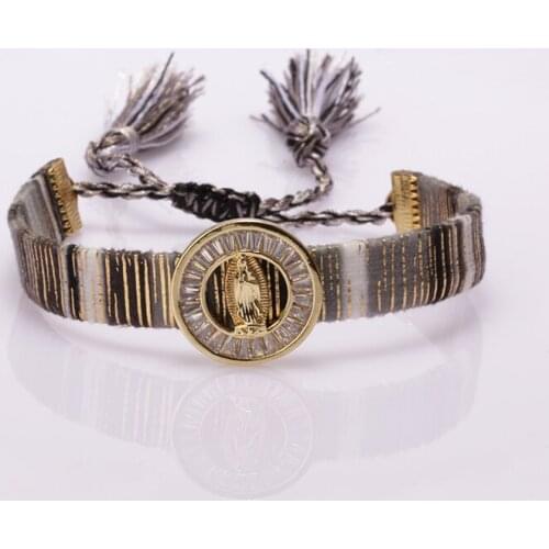 Ethnic boho bohemia soft cotton silk tassel band white cz pave Virgin Marry christian charm adjustable bracelets for woman