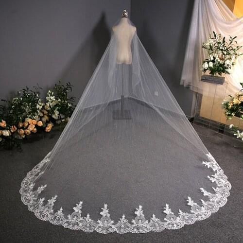 Real Photo Video 2021 Summer New Design 3.8M One Layer Wedding Veil Lace Edge Bridal Veils Cathedral Wedding Veil