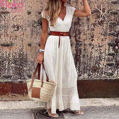 Flokocloset Summer Casual V-Neck Lace Patchwork Dress Women Maxi Dress Sleeveless Beach Sundress Vestidos