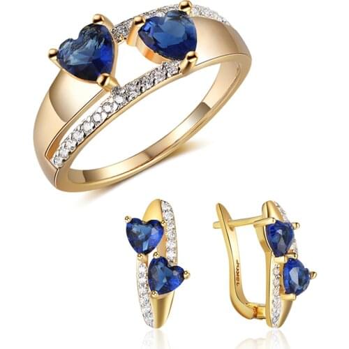 Blue Double Heart Romantic Earrings/Rings Set Fashion Love Engagement Wedding Jewelry Set for Women (JS100640)