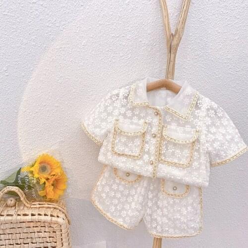 Girls Korean style summer suit childrens fashion short-sleeved clothing 2021 new kid little girl lace birthday gift top