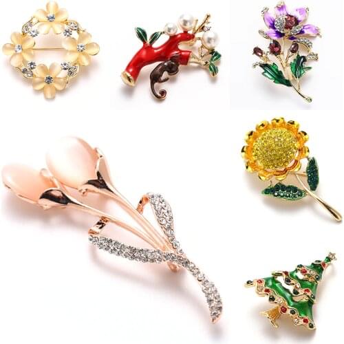 Lily SunFlower Brooch Pins For Women Bling Pearl Bead Tree Brooches Glitter Cherry Blossoms Jewelry Wedding Party Bijoux Gift