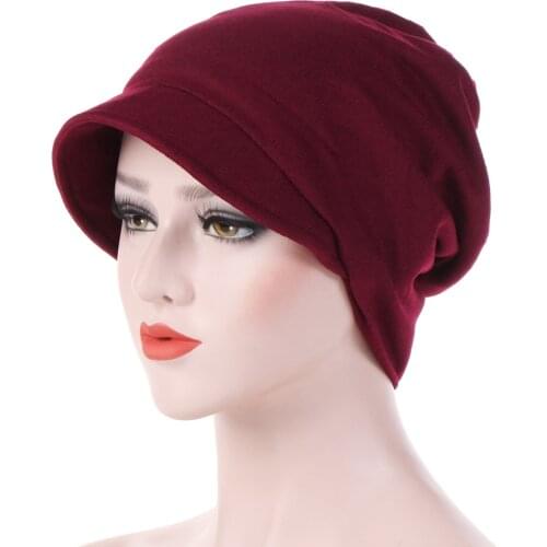 Fashion female hat with brim soild color Muslim Turban For Women Cotton Arab Indian hat Underscarf Caps Turbante Mujer chemo hat