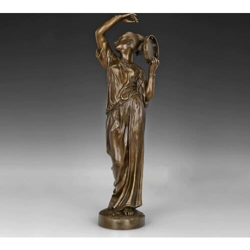 Playing Tambourine Young Girl Statue Music Sculpture Bronze Brass Hot Casting Vintage Female Art Indoor Decor