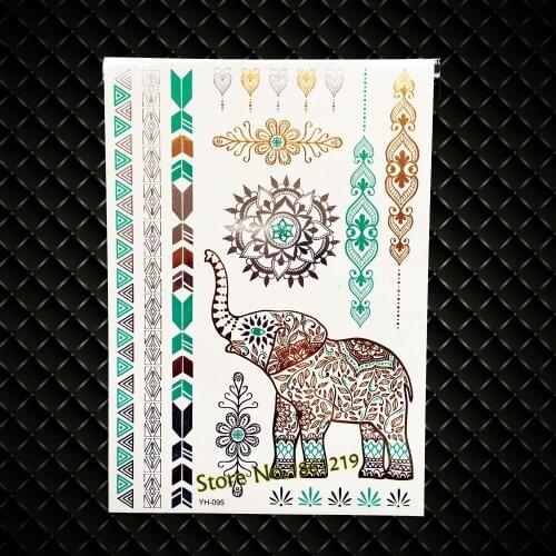 New Fashion Women Henna Tattoo Indian Totem Fake Metallic Temporary Removable Tattoo Elephant Ganesha Pattern Leaf Tattoo GYH095