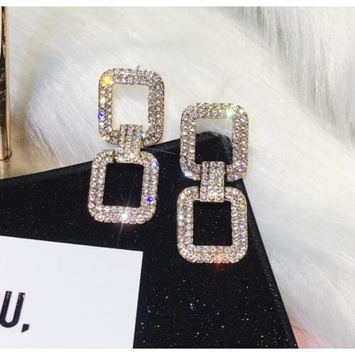 New Korean Style Elegant Geometric Rectangular Crystal Earrings for Women Personality Dangle Earring Party Fashion Jewelry
