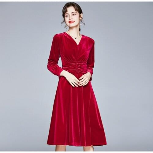 ZUOMAN Women Autumn Winter Elegant Velvet Dress Festa High Quality Long Vintage Red Party Robe Femme V-Neck Designer Vestidos