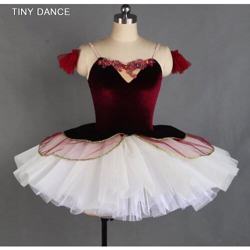 Puffy Tutu Dress for Adults Ballet Costume Burgundy Velvet Bodice with White Platter Tutu Skirts Girls Ballet Dance Tutus 21025