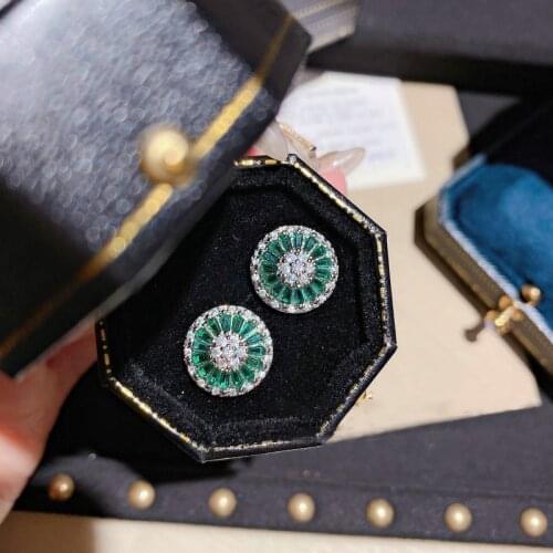 New Trend Cute Green Emerald Crystal 925 Silver Round Stud Earrings Bling AAAAA Zirconia Elegant Bridal Wedding Fine Jewelry