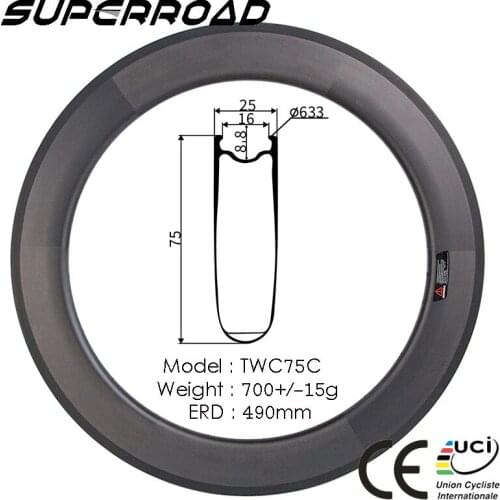 Special Price 25mm Wide 75mm Deep Carbon Road Bike Clincher Rims With Basalt Brake