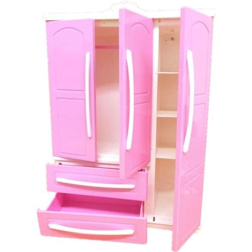 Three-door Pink Modern Wardrobe Play set for Barbi Furniture Can Put Shoes Clothes Accessories with Dressing Mirror Girls Toys