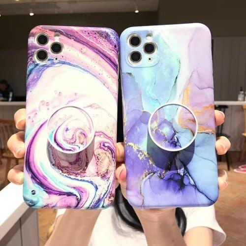 Protective Geometric Marble stand Case for iphone 6 6s 7 8plus 11 11pro max Soft Shiny IMD Shockproof Holder Phone Back Cover