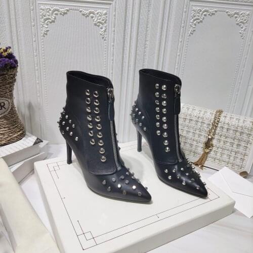 2021 Autumn Fashion Rivet Decoration Design Pointed Toe Women Ankle Boots Sexy Ladies Zip Shoes Booties Thin High Heels Pumps