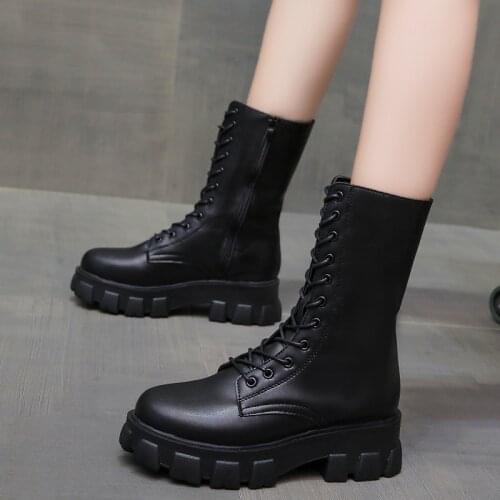 2021 Women Long Boots Mid Calf Autumn Winter Shoes Platform Lace Up PU Woman Fashion Plus Size Footwear Female Comfort Botas