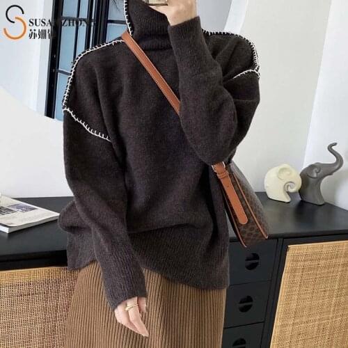 Women Pullovers Female Sweater Christmas Collection Oversize Turtle Neck Batwing Drop Shoulder Color-Contrast Stitching Autumn