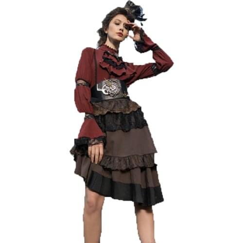 Steampunk Womens Skirts Retro Patchwork Asymmetrical Knee Length Skirts Ruffled Lace Layered Skirts New Arrivals