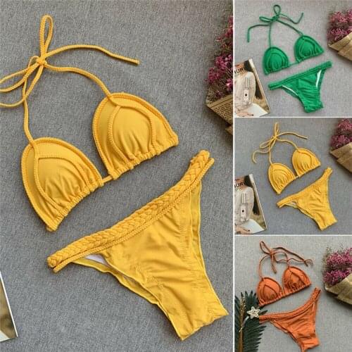 New 2019 Biquinis Women Pure color Sexy swimwear beachwear Summer Padded halter bandage bra thong Bikini bathing maillot de bain