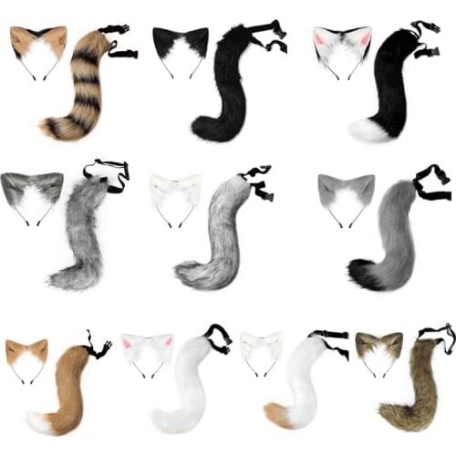 Plush Hair Hoop Animal Ears Headwear Tail Set Furry Hairband Cute Headpiece Halloween Fancy Dress Cosplay Accessories