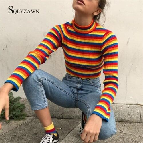 Streetwear Women Stripe Turtleneck Crop Sweater Women Rainbow Knitwear 2019 Fall Winter Fashion Top Slim Pullover Outfit Sweater