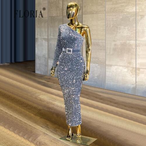 Tea-Length Celebrity Dresses Long Sleeve Women Shiny Evening Dress Vestido De Fiesta Formal Dress 2021 Wedding Guest Outfits