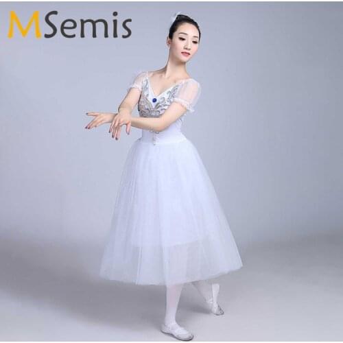 Women Long Tulle Pink/Blue/White Tutu Ballet Dress Adult Puff Sleeves Romantic Stage Performance Ballroom Party Dance Costume