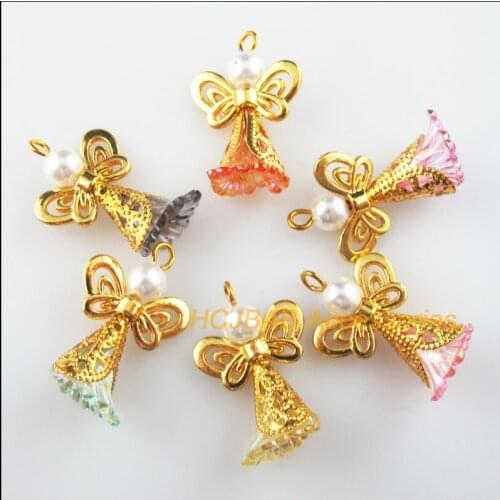 18Pcs Gold Color Wings Mixed Flower Dancing Angel Charms Pendants 18x27mm