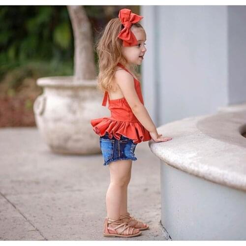 Newly Lovely Toddler Baby Girls 1T-6T Clothes Sets Orange Solid Sleeveless Belt Ruffles Vest Dress+Denim Shorts Headband 3pcs