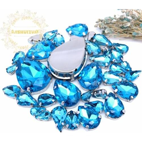8 SIZES 35PCS Free shipping! Turquoise blue Water drop shape Glass Crystal sew on rhinestones with calw Diy wedding decoration