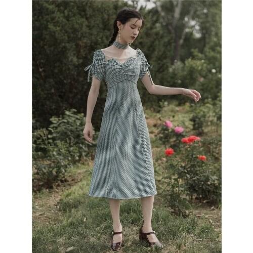 BLLOCUE 2020 Summer Retro Girl Plaid Dress Womens Waist Temperament Bubble Sleeve Mesh Stitching Fashion Dresses