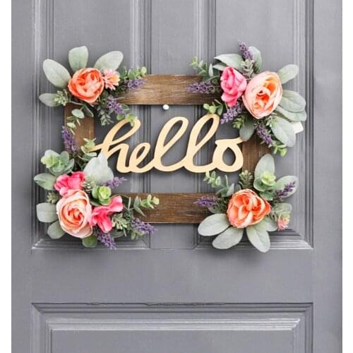 "Hello" Wooden Sign Plaque Home Art Decor Rustic Farmhouse Porch Front Door Sign 15.7 Inch Long Flower Wreath Ornament
