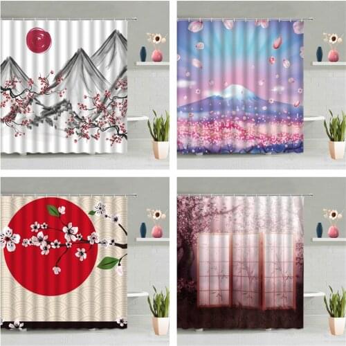 Fuji Mountain Cherry Blossoms Shower Curtain Japan Flower Plant Scenery Bathroom Screen Decor Waterproof Wall Hanging Curtains