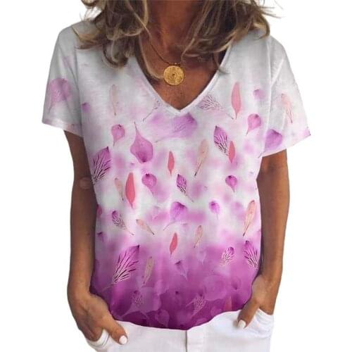 Summer Leaf Print Short Sleeve T-shirt Women Clothes Loose Fashion V Neck Streetwear Tops Plus Size Ladies Tee Shirt Femme
