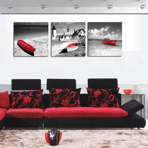 Canvas HD Prints Pictures 3 Pieces Beach Red Boats Paintings Modular Wall Art Seascape Posters Living Room Home Decor Framework