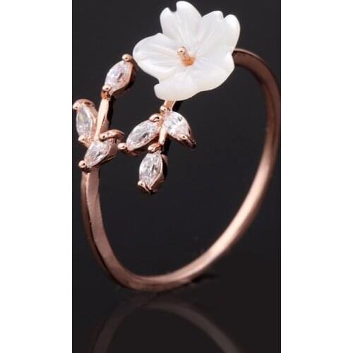 Cute Romantic Flower Engagement Finger Rings Shiny Crystal Lovely Small Shell Leaves Rose Gold Opening Wedding Ring Band Gifts