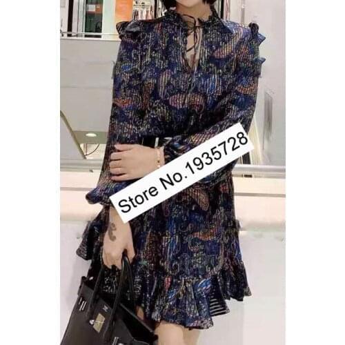 ElfStyle Newest V-neck Paisley Printed Ruffled Long Sleeve Casual Short Mini Dress