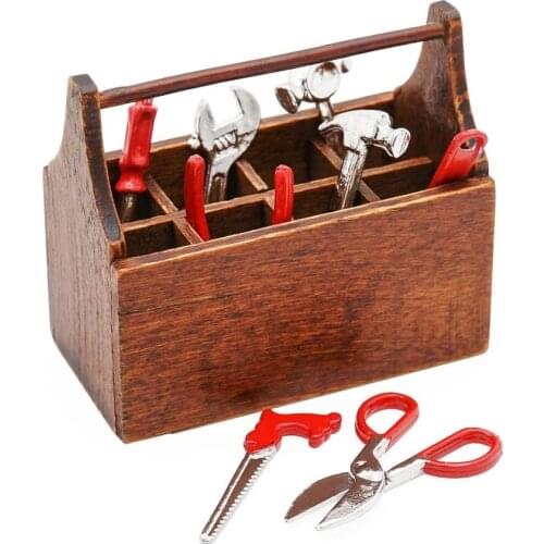 1:12 Miniature Tool Box with 8PCS Metal Tools Set Decoration Accessories Mini Tools Set Dollhouse