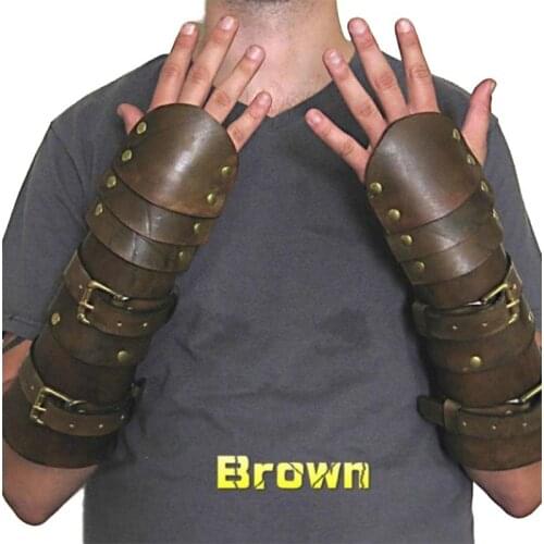 Halloween Men PU Leather Bracer Warmers Medieval Soldier Gauntlet Wristband Protective Cuff Gothic Punk Army Armor Party Cosplay