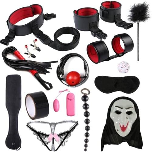 SM Bondage Set BDSM Sex Suit Toys For Couples Slave Sex Lingerie Sexy Nick Handcuffs Halloween Mask Bundled Binding Anal Beads