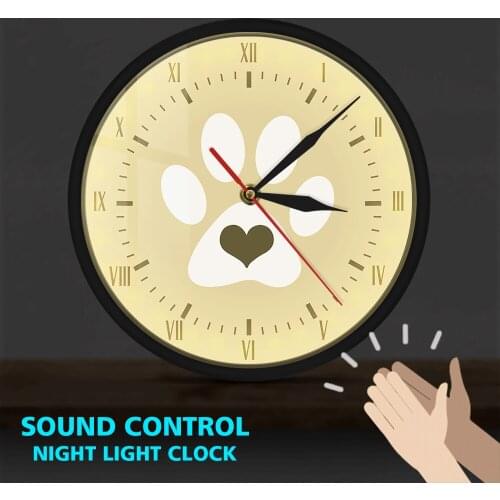 Gray Heart White Cat Paw Modern Metal Frame LED Wall Clock Kitten Kitty Pussy Lovers Home Decor Hanging Sound Control Wall Watch