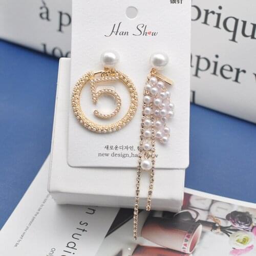 SHIFFEL 2019 New S925 Ear Pin Big Pearls Lucky Number 5 Long Rhinestone Tassels Asymmetry Drop Earrings