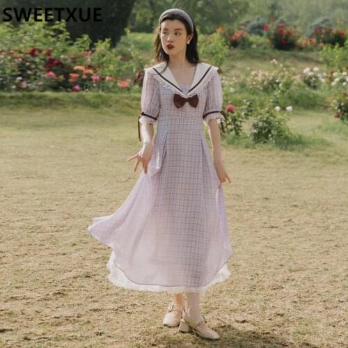 SWEETXUE Summer Retro Girl Preppy Style Puff Sleeve Bowknot Student Navy Collar Plaid Mesh Patchwork Cute Kawaii Dress Women