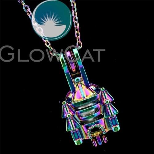 R-C404 Rainbow Colors Fairytale Castle Beads Cage Pendant Perfume Diffuser Aromatherapy Oyster Pearl Cage Locket Necklace