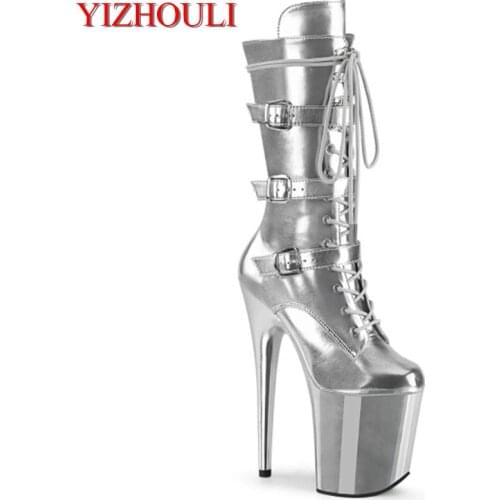 Fashion sexy knight boots, high heels suitable for banquet, silver buckle decorative plating sole 20 cm pole dancing party ankle