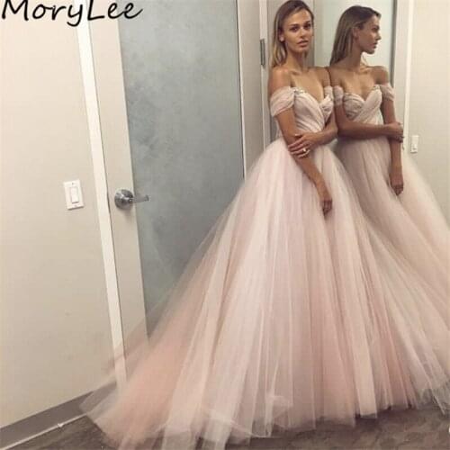 Sexy Evening Dresses Pink V-Neck Off Shouder Floor Length Soft Tulle Crystal Beading Evening Dresses vestidos de fiesta de noche