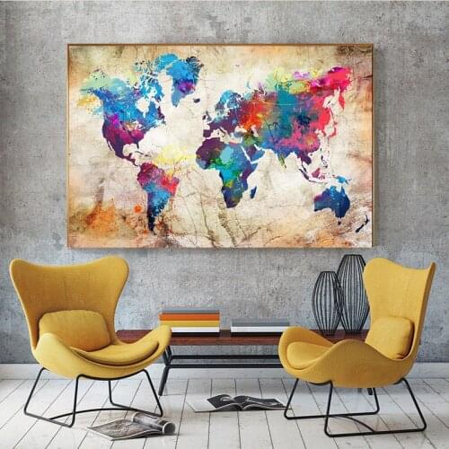 Modern Printed Canvas Painting Colorful World Map Wall Art Posters and Prints Wall Art Canvas Pictures for Living Room No Frame