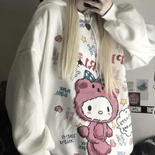 Korean Loose Long Sleeve White Sweatshirt Women Oversized Kawaii Anime Hoodie Women Vintage Pink Tops Female Cute Hoodies