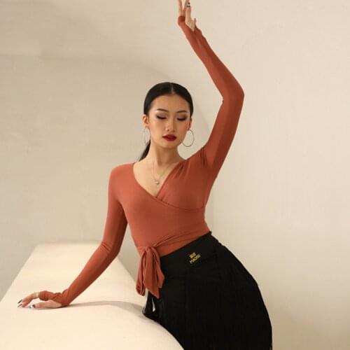 Latin Dance Costume Women Lace up Tops Pink/Black/Coffee Long Sleeve Tops Adult Samba ChaCha Latin Dance Practice Clothes BL5275